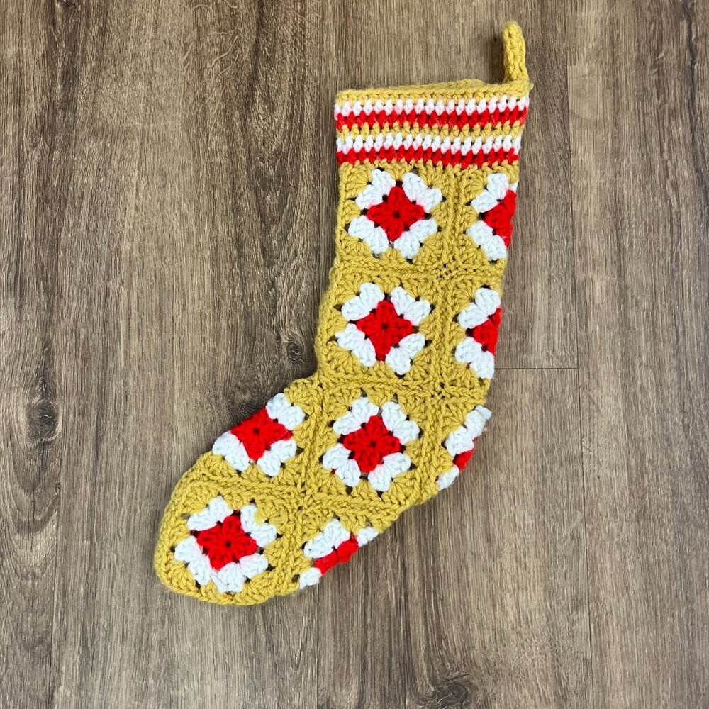 Vintage Boho Handmade Crochet Granny Square Stocking 70s - Picture 4 of 8